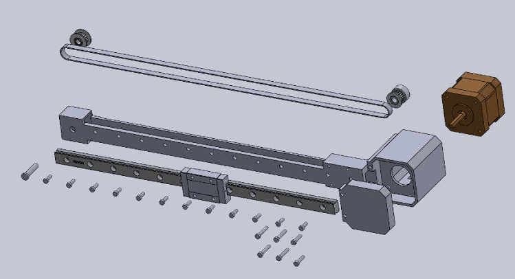 Exploded CAD of belt-driven X-axis with linear rail and NEMA 17