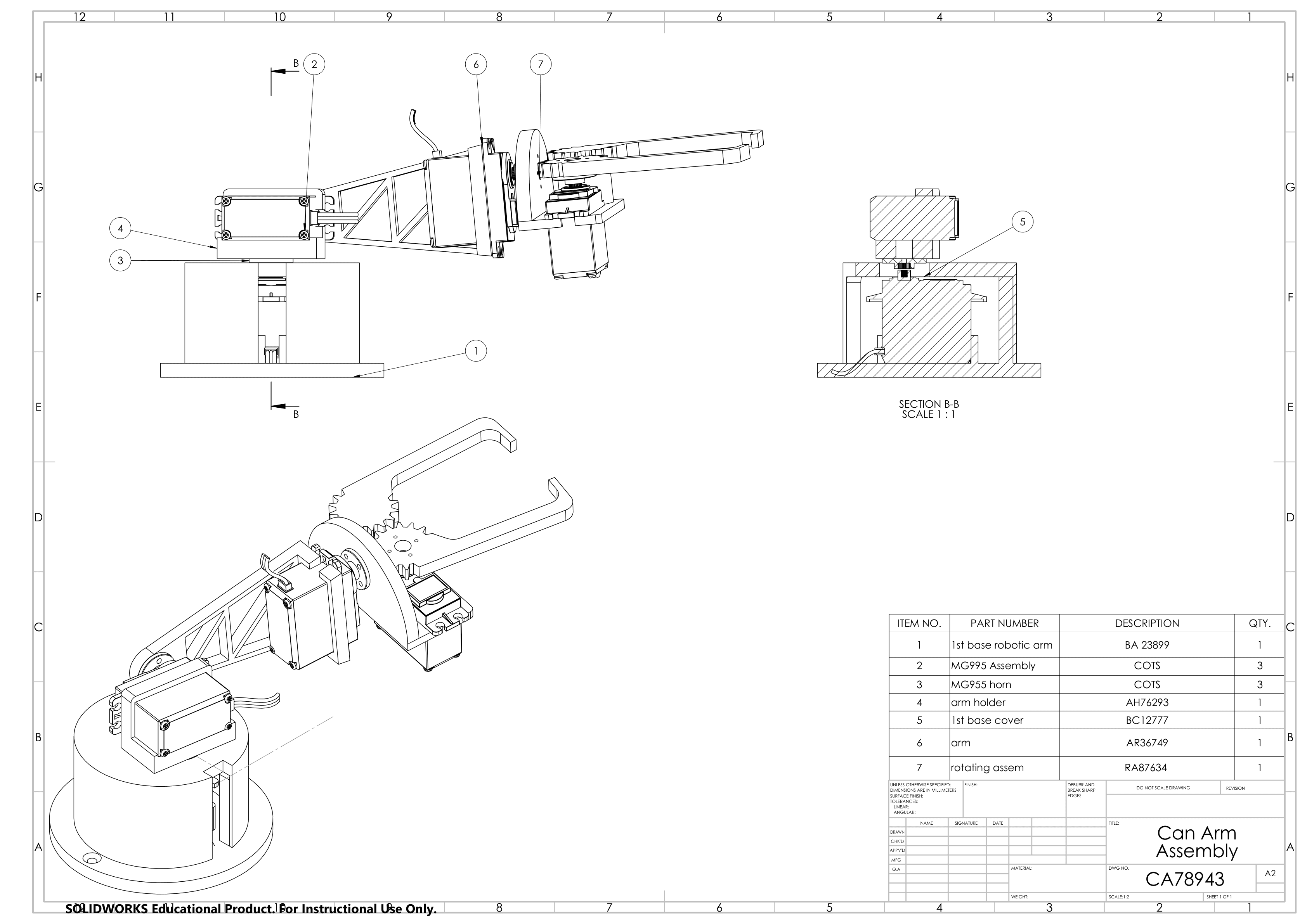 SolidWorks Can Arm Assembly drawing with section view and bill of materials