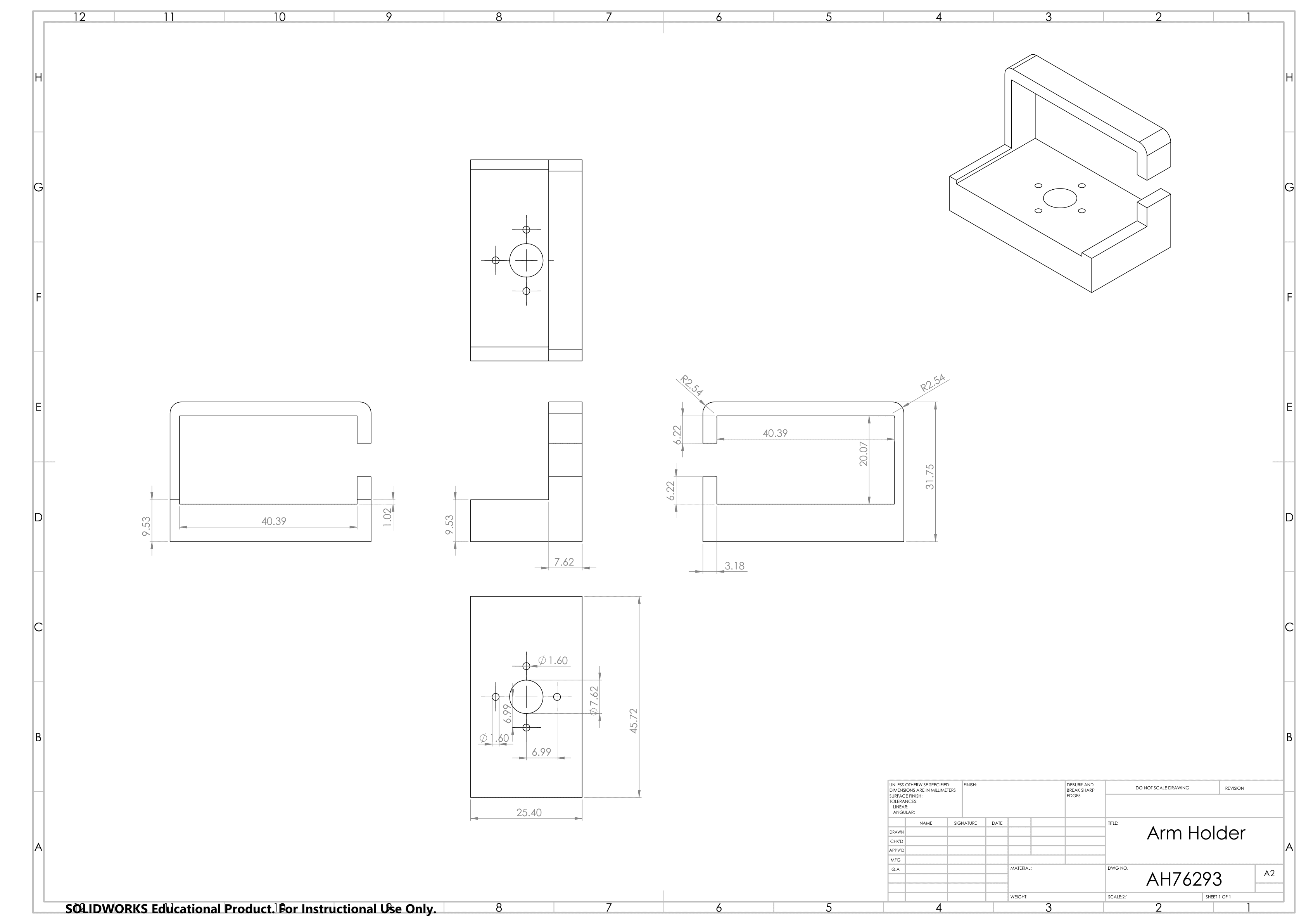 SolidWorks drawing of the arm holder