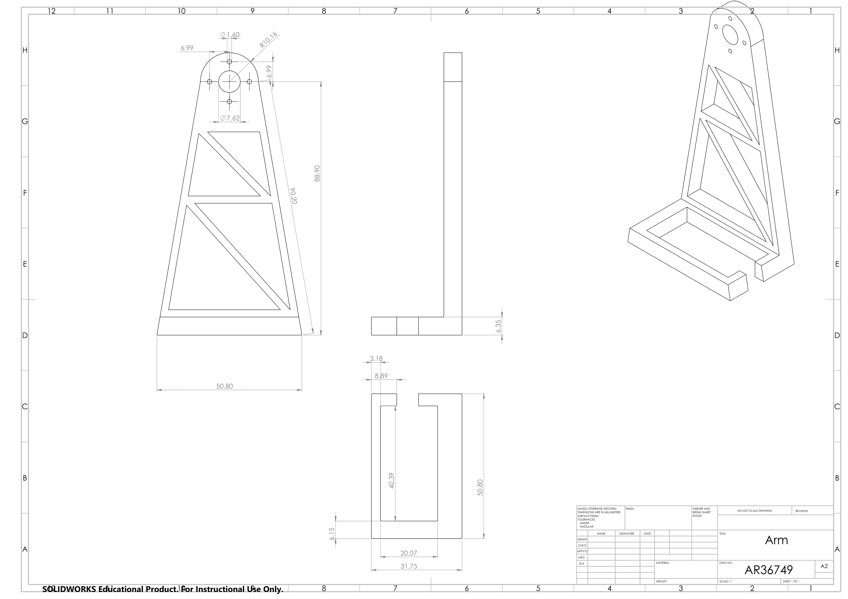SolidWorks drawing of the robotic arm link