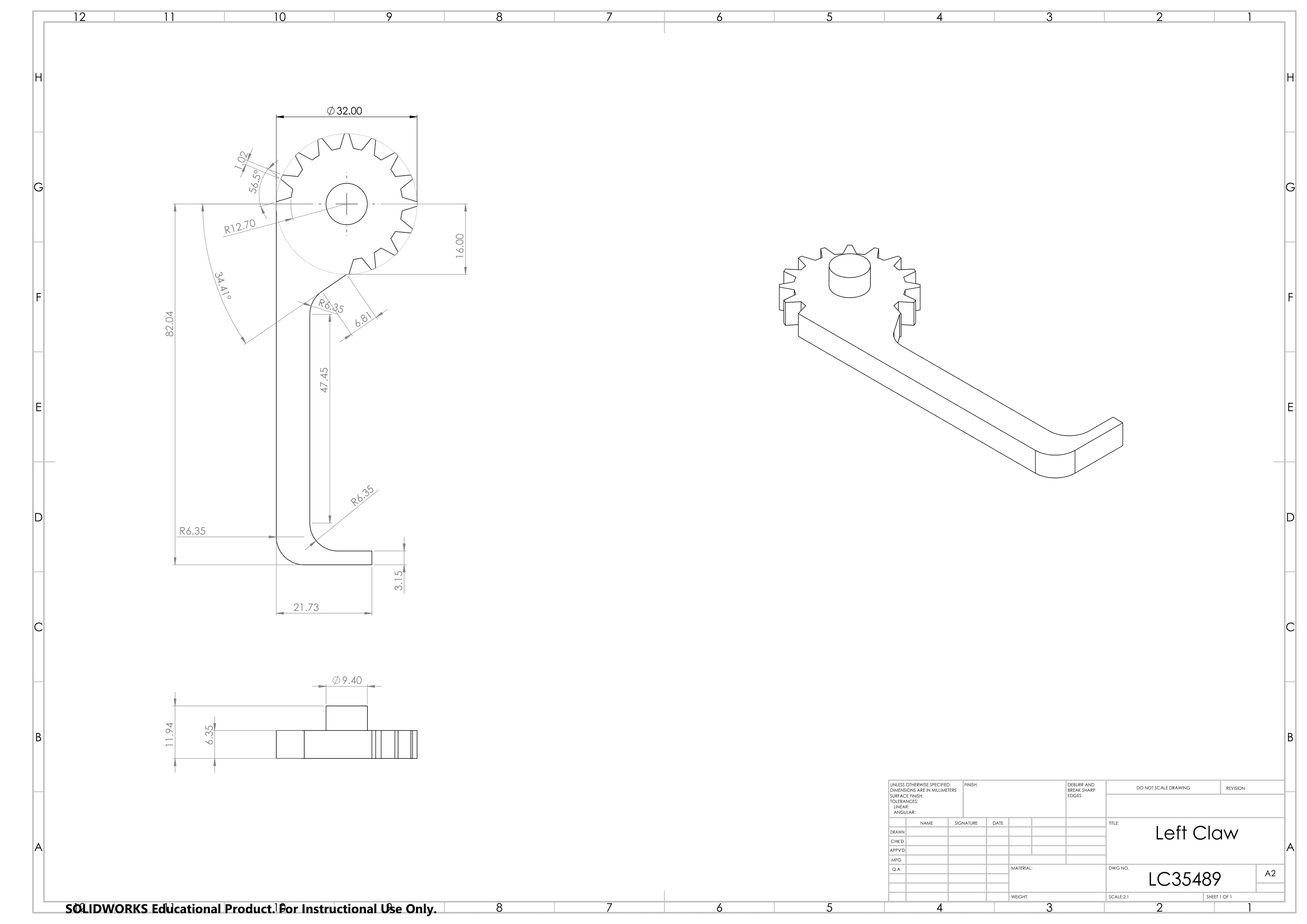 Detailed SolidWorks drawing of the left claw part