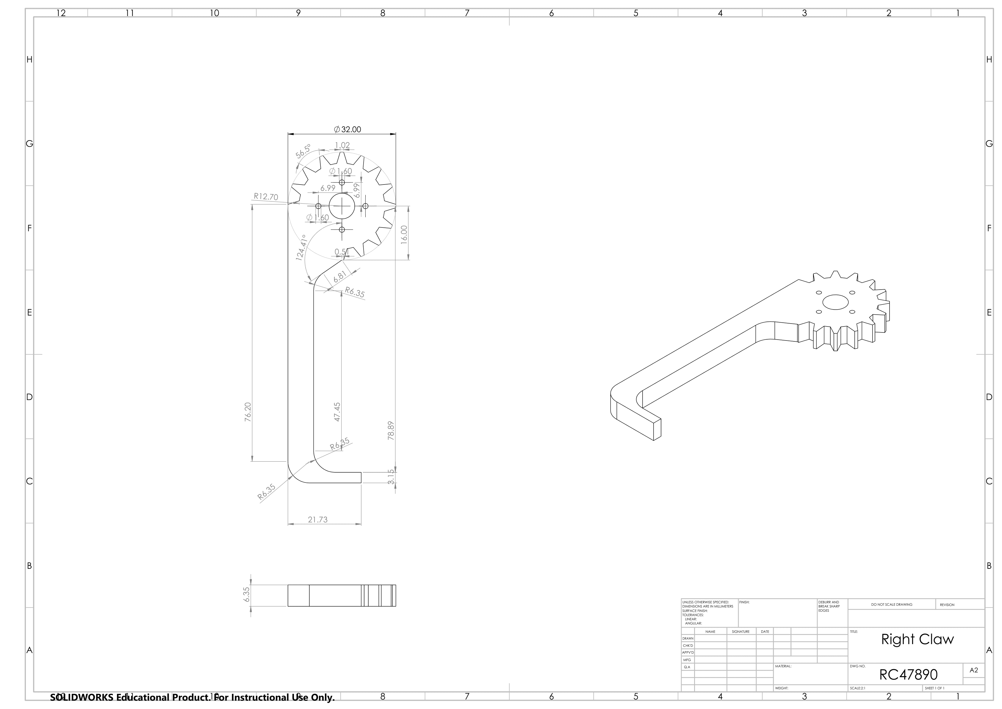 Detailed SolidWorks drawing of the right claw part