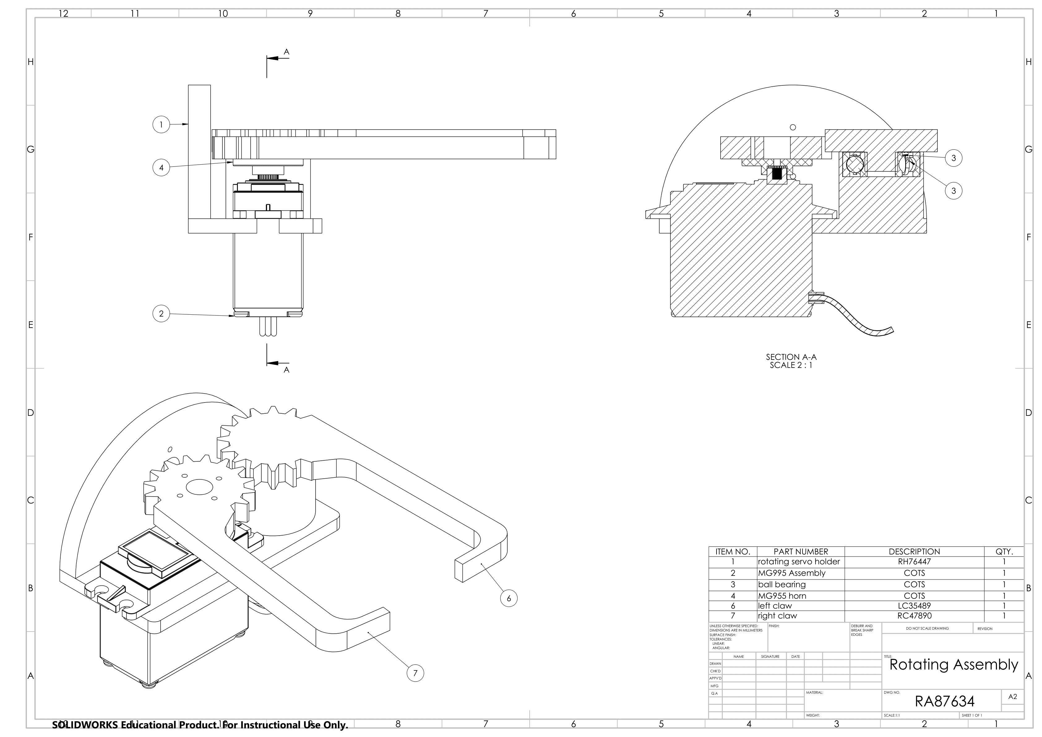 SolidWorks rotating assembly drawing with claw and servo BOM