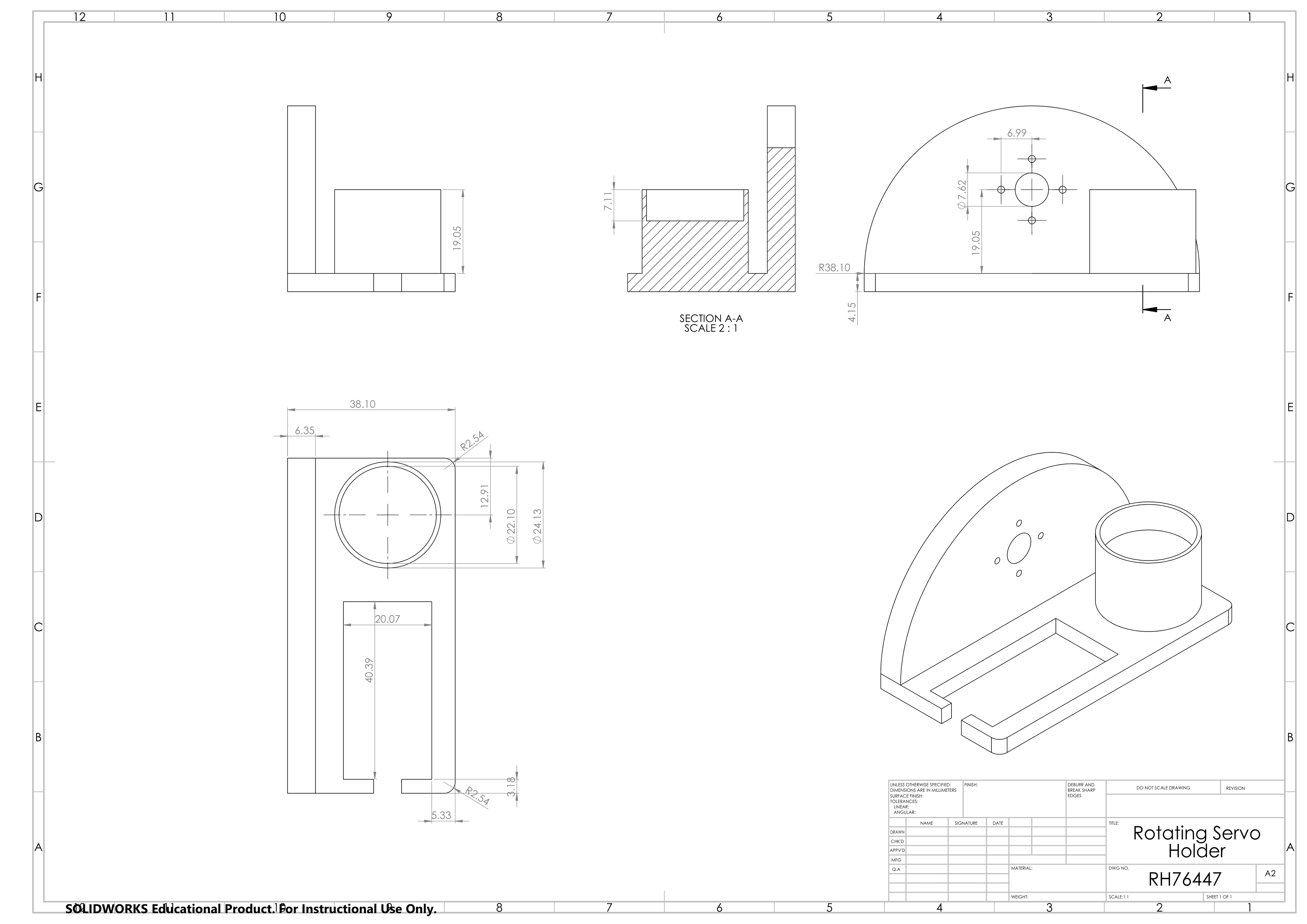 SolidWorks drawing of the rotating servo holder with section view
