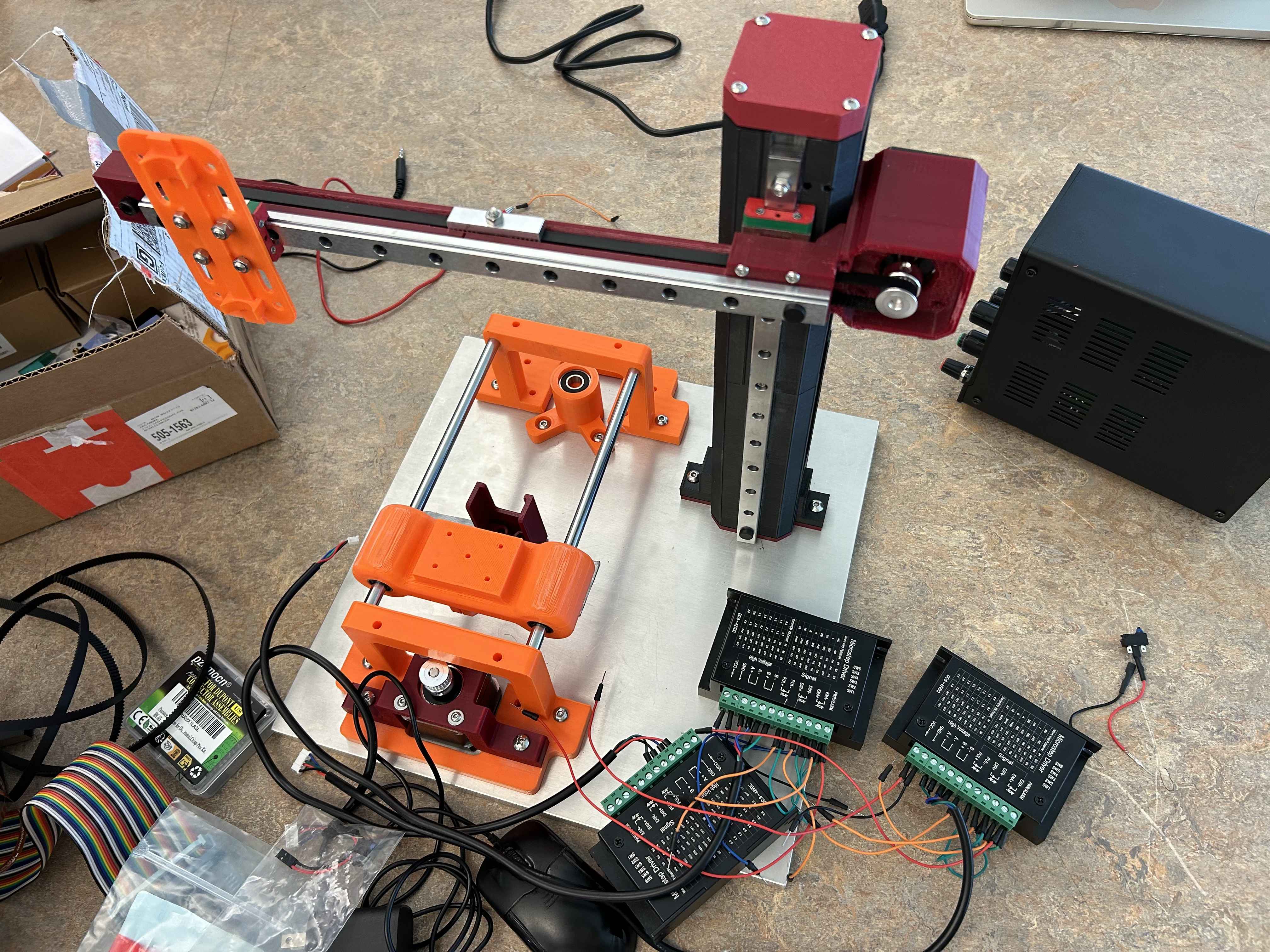Machine during assembly with stepper drivers and linear stages