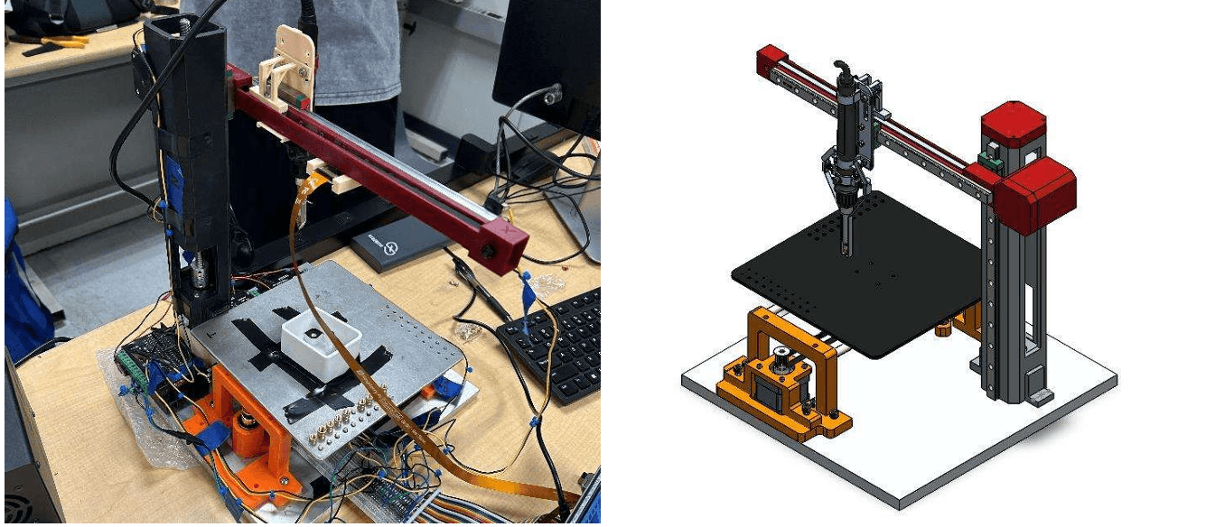 Side-by-side physical prototype and color CAD assembly of the machine