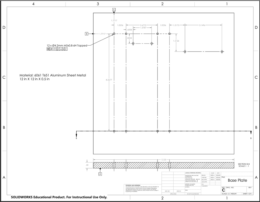 SolidWorks manufacturing drawing of the 12 by 12 inch aluminum base plate by Zaid A.