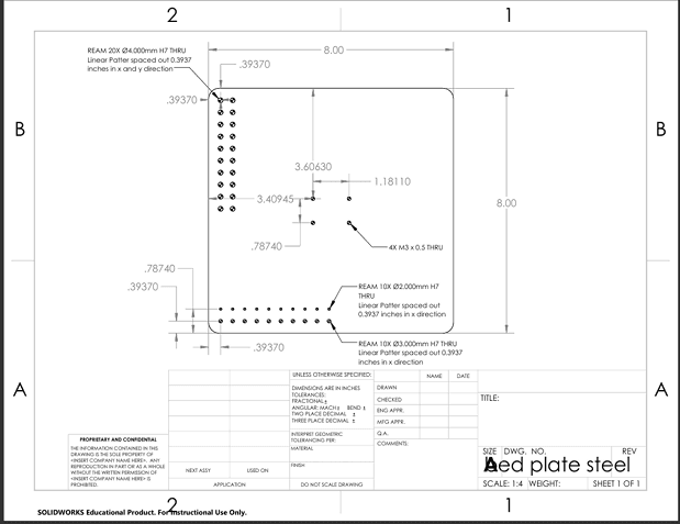 SolidWorks drawing of the 8 by 8 inch stainless steel bed plate with reamed hole patterns