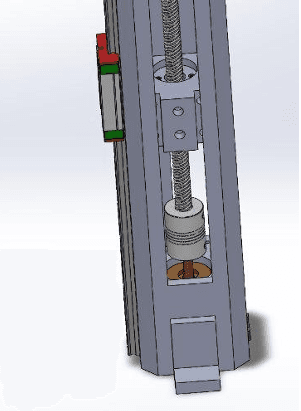 Detailed CAD close-up of Z-axis lead screw, coupler, and linear rail