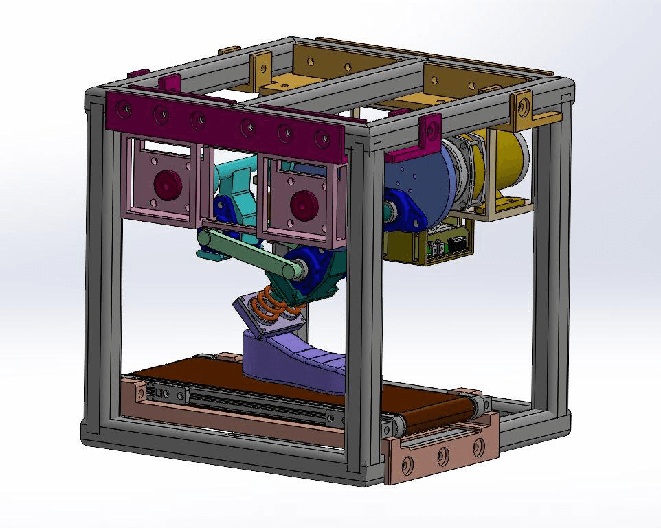 SolidWorks CAD assembly of the shoe testing machine with frame, conveyor, linkage, and foot mold